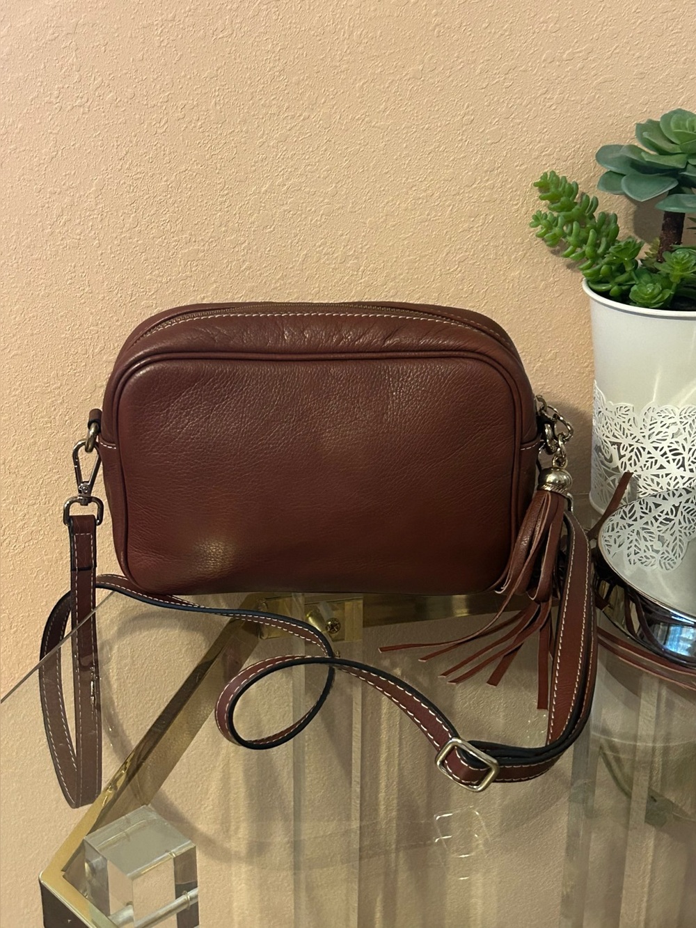 Mario Valentino Cognac Leather Quilted V Crossbody Bag with Fringe Tassel - Picture 5 of 14
